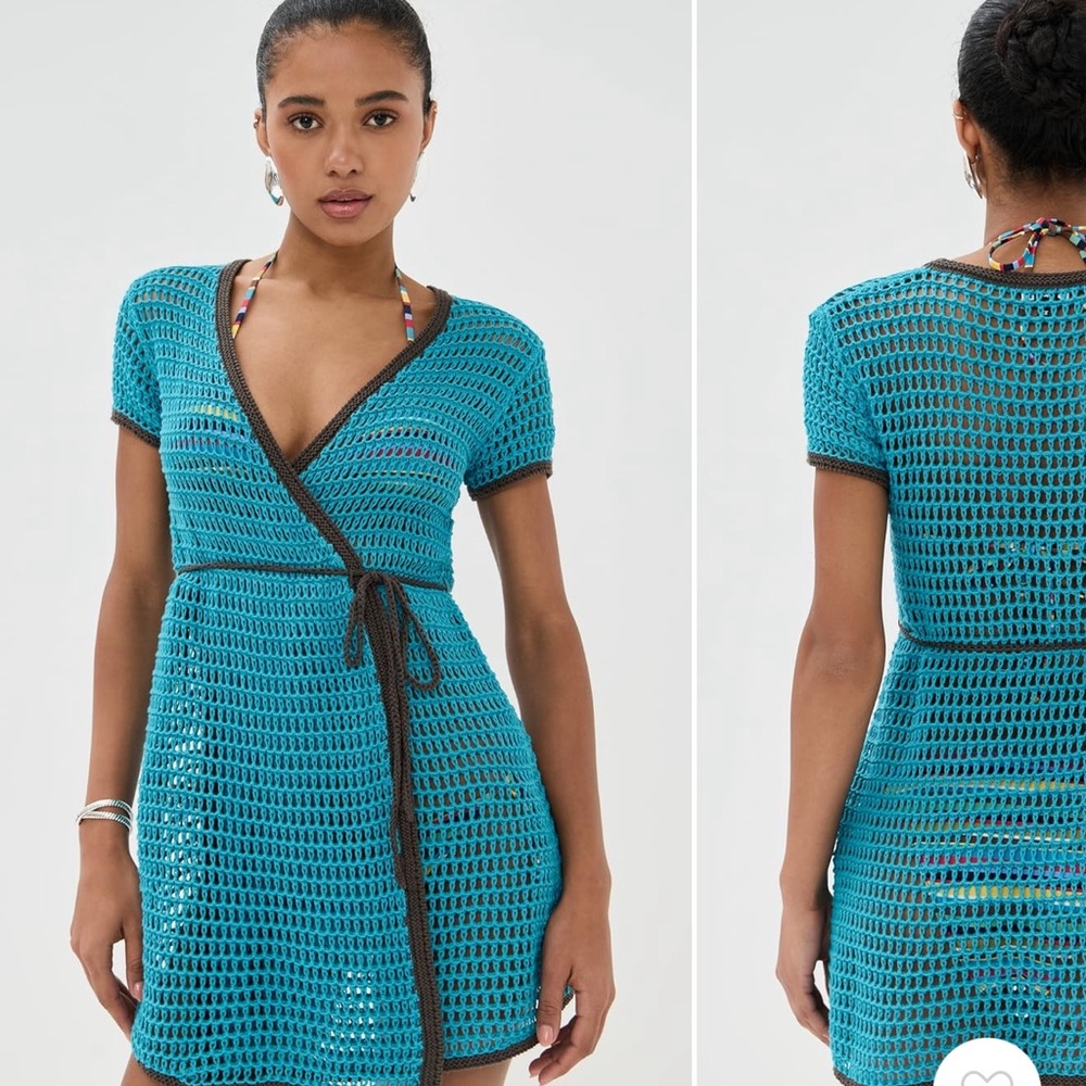 STAUD Turquoise Crochet Mini Dress Coverup